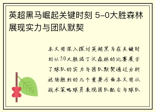 英超黑马崛起关键时刻 5-0大胜森林展现实力与团队默契